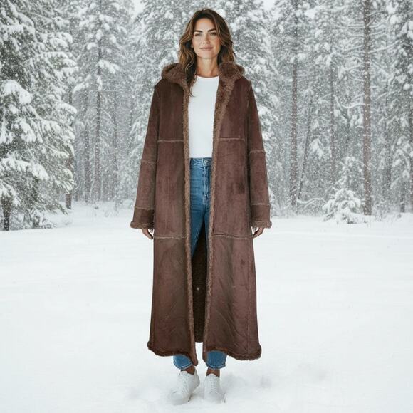 Vintage Y2K Gallery Tan Suede Sherpa Penny Lane Trench Coat-size Small - Picture 15 of 15